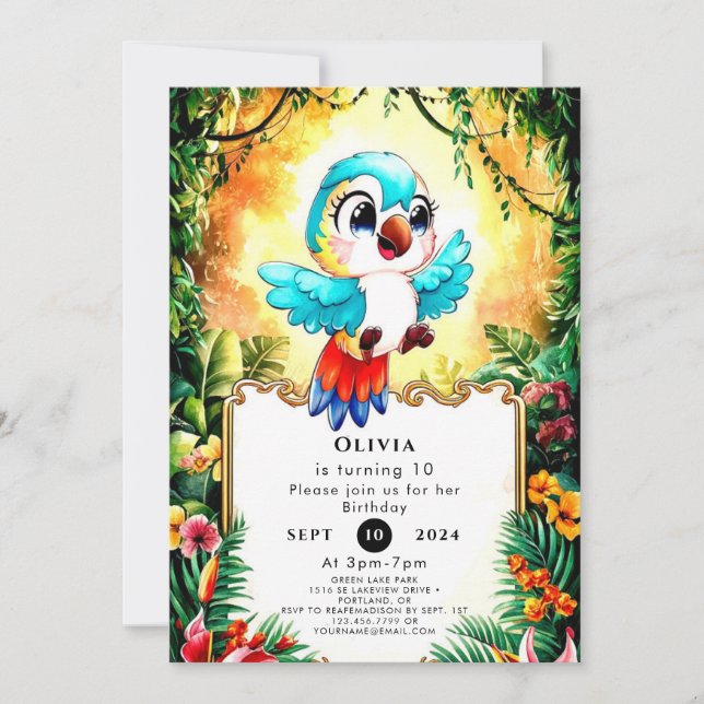 Invitación Cumpleaños del Whimsical Boho Parrot (Anverso)