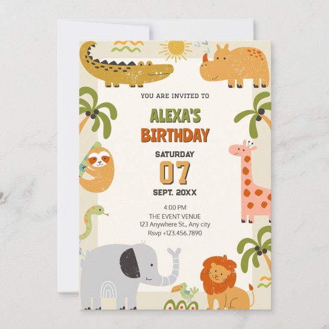 Invitación cumpleaños del zoológico de animales de la jungla (Anverso)