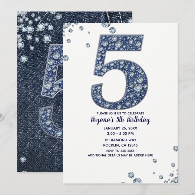 Invitación Cumpleaños Denim & Diamonds Brillo Brillante 5to 5 (Anverso / Reverso)