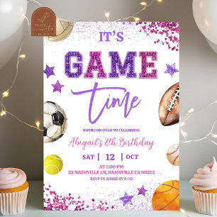 Invitación Cumpleaños deportivo con lentejuelas púrpura