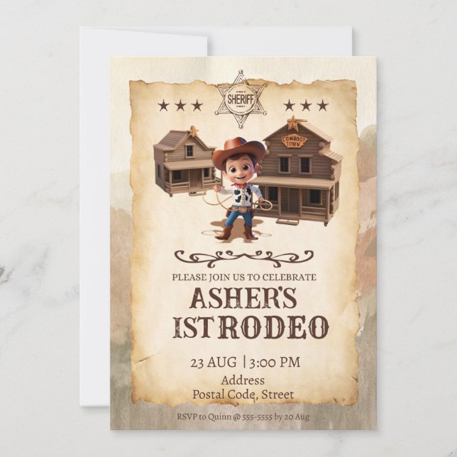 Invitación Cumpleaños descargable de Cowboy 3D personalizado (Anverso)