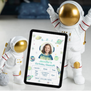 Invitación Cumpleaños Despegue Acuarela Espacio con Imagen