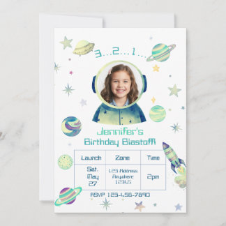 Invitación Cumpleaños Despegue Acuarela Espacio con Imagen