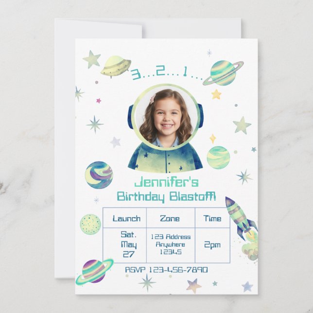 Invitación Cumpleaños Despegue Acuarela Espacio con Imagen (Anverso)