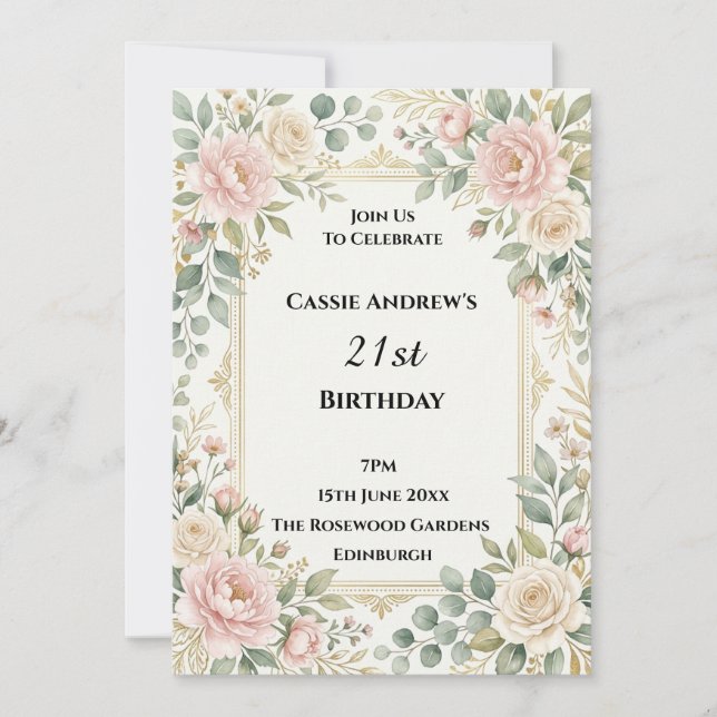 Invitación Cumpleaños Destacado Blush Rose Greenery (Anverso)