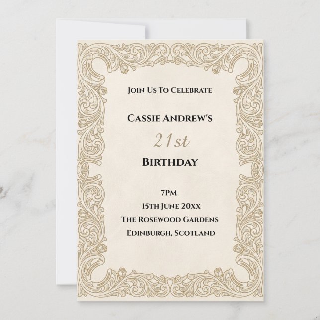 Invitación Cumpleaños Destacado con Marco de Encaje Beige (Anverso)