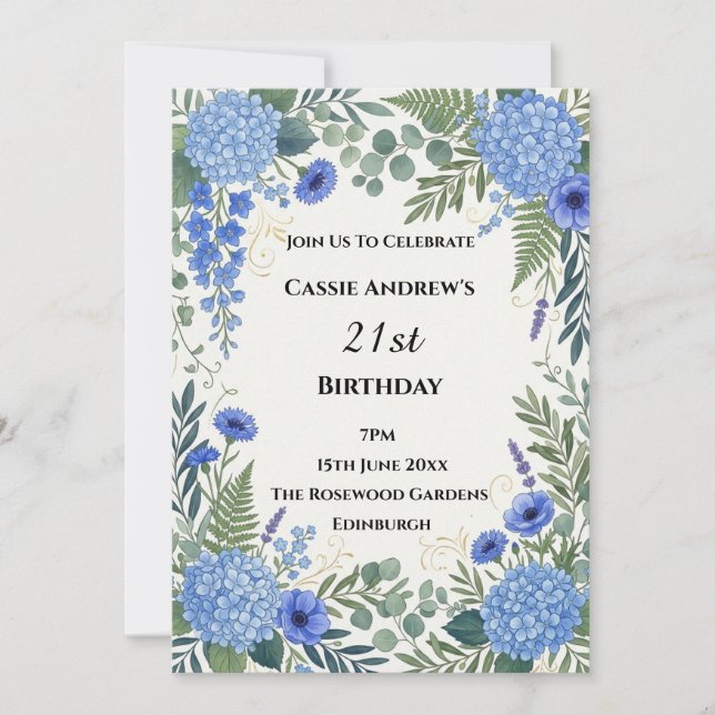 Invitación Cumpleaños Destacado de Hortensia Azul (Anverso)