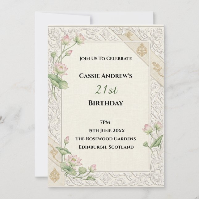 Invitación Cumpleaños Destacado en Encaje Beige (Anverso)