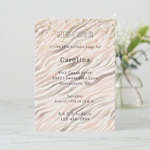 Invitación Cumpleaños Destello Confeti Dorado Cebra Rubor Fem