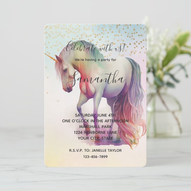 Invitación Cumpleaños Destello Confeti Dorado Unicornio (Anverso de pie)