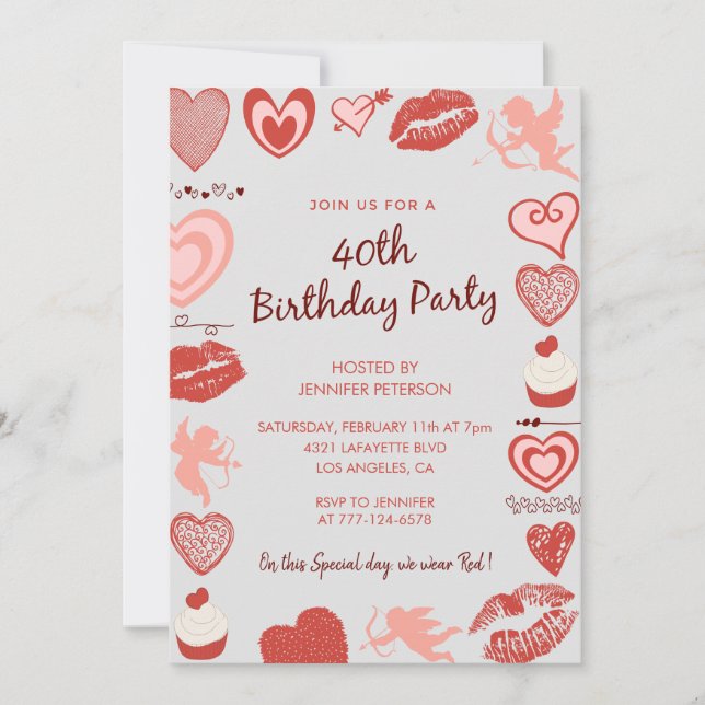 Invitación Cumpleaños día de San Valentín 40 angel Cute Gris (Anverso)