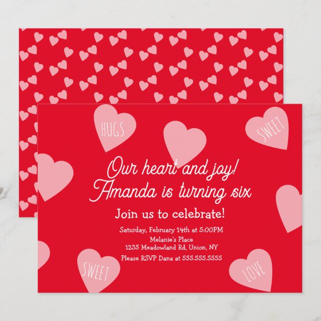 Invitación Cumpleaños Día de San Valentín Corazones Flotantes (Anverso / Reverso)