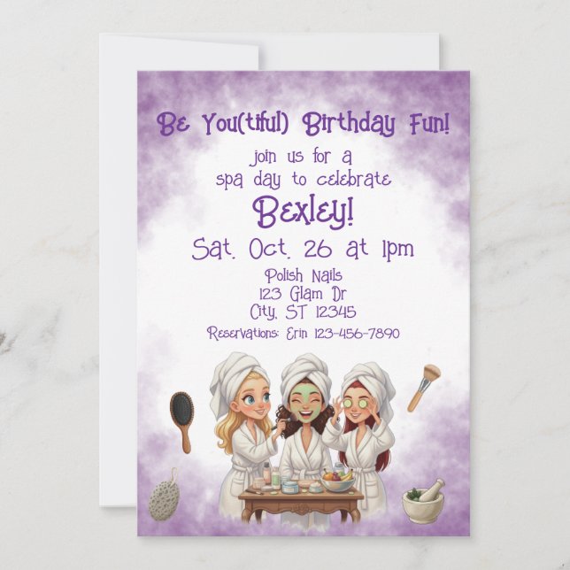 Invitación Cumpleaños Día de Spa Sé Tú(til)  (Anverso)
