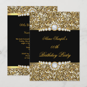 Invitación Cumpleaños Diamante Negro Dorado Brillante Elegant