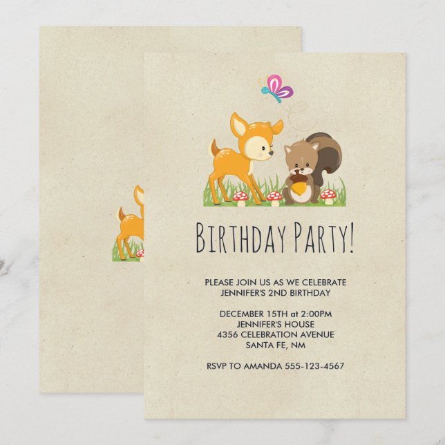 Invitación Cumpleaños Dibujo Animado Criaturas Bosque Encanta (Anverso / Reverso)