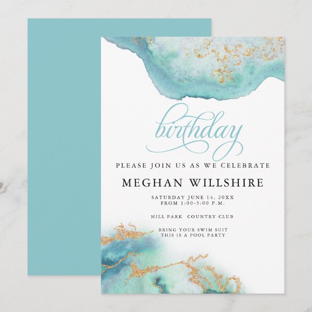 Invitación Cumpleaños Diciembre Turquoise Blue Watercolor Geo (Anverso / Reverso)