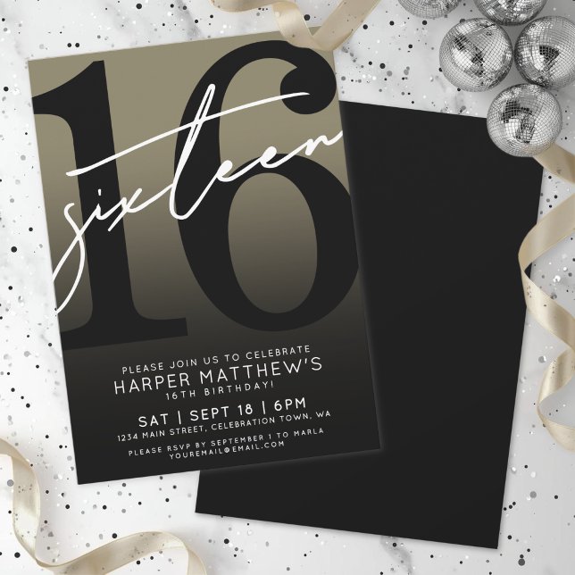 Invitación Cumpleaños dieciséis de Black Gold (Sixteen Black Gold 16th Birthday Invitation)