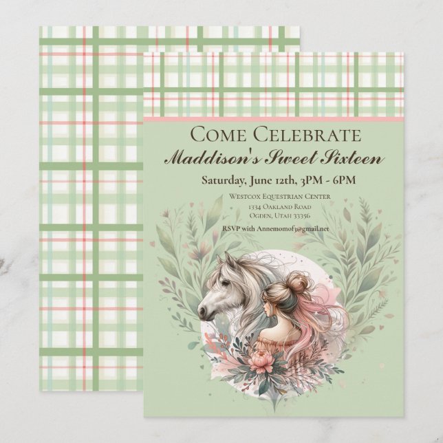 Invitación Cumpleaños dieciséis de equitación de caballo (Anverso / Reverso)