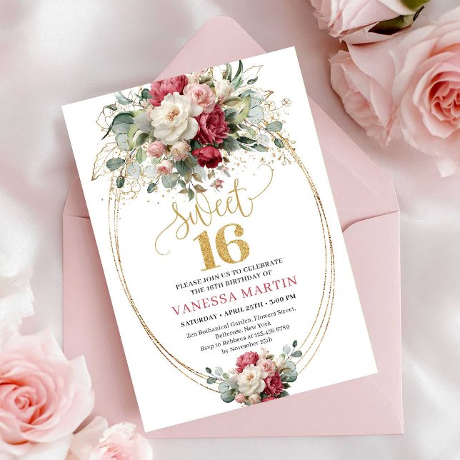 Invitación Cumpleaños Dieciséis Elegante Rojo Blanco Verdor  (Elegant Red White Greenery Sweet Sixteen Birthday Invite)