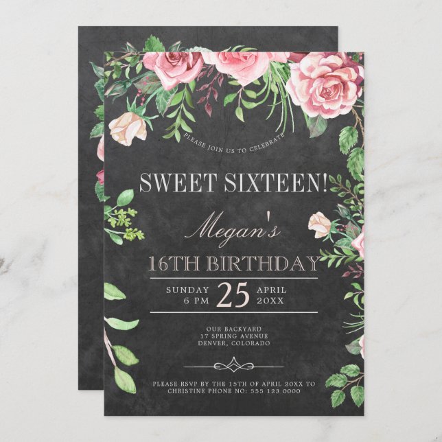 Invitación Cumpleaños Dieciséis Jardín Rosas Rosadas Pizarra  (Anverso / Reverso)