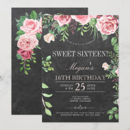 Invitación Cumpleaños dieciséis jardín rosas rosadas pizarra