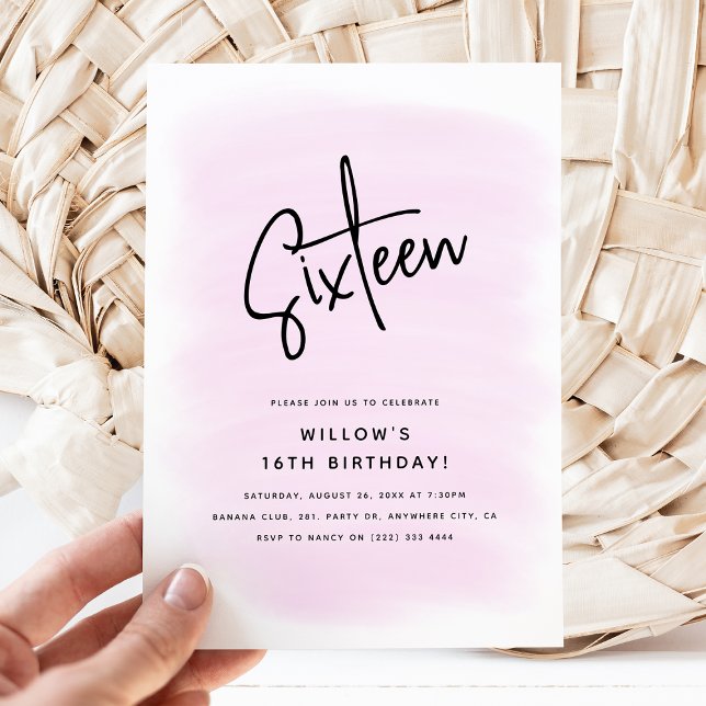 Invitación Cumpleaños dieciséis Minimal PInk Acuarela (Subido por el creador)