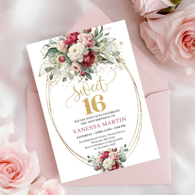 Invitación Cumpleaños dieciséis moderno Borgoña Rubor Verde O (Modern Burgundy Blush Greenery Sweet Sixteen Invite)