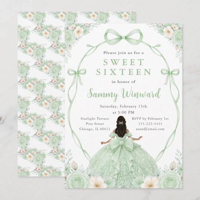 Invitación Cumpleaños dieciséis Princesa Negra Floral Verde (Anverso / Reverso)
