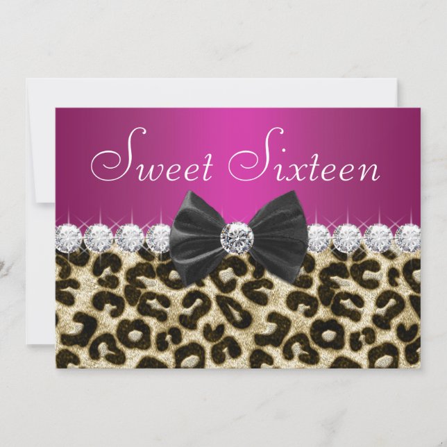 Invitación Cumpleaños dieciséis Rosa Caliente Leopardo (Anverso)