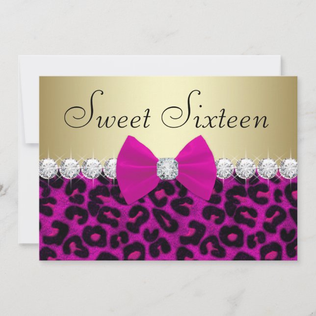 Invitación Cumpleaños dieciséis Rosa Caliente Leopardo (Anverso)
