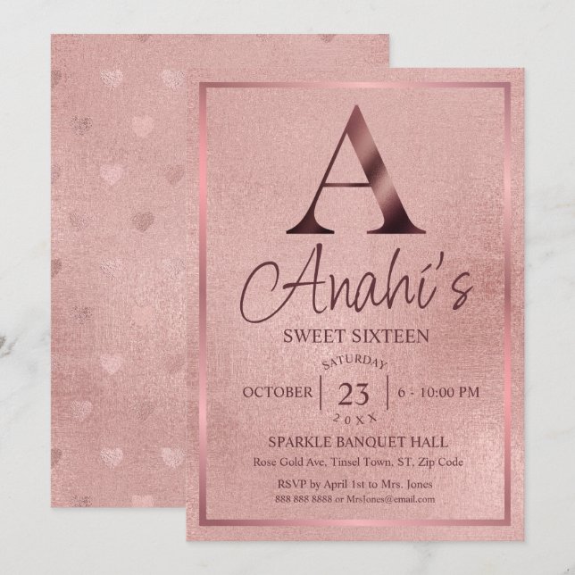 Invitación Cumpleaños dieciséis Rosa Dorada Monograma (Anverso / Reverso)