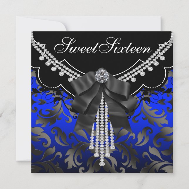 Invitación Cumpleaños Dieciséis Royal Azul Negro Damask (Anverso)