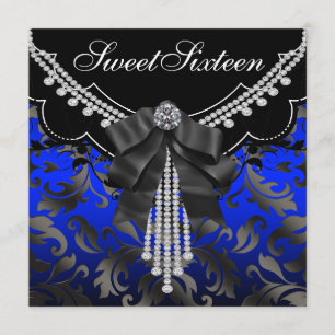 Invitación Cumpleaños Dieciséis Royal Azul Negro Damask
