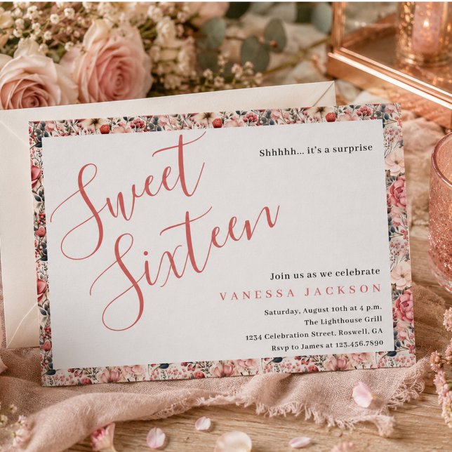 Invitación Cumpleaños dieciséis rústico rosa floral rosa dora (Rustic blush pink floral rose gold sweet sixteen invitation)