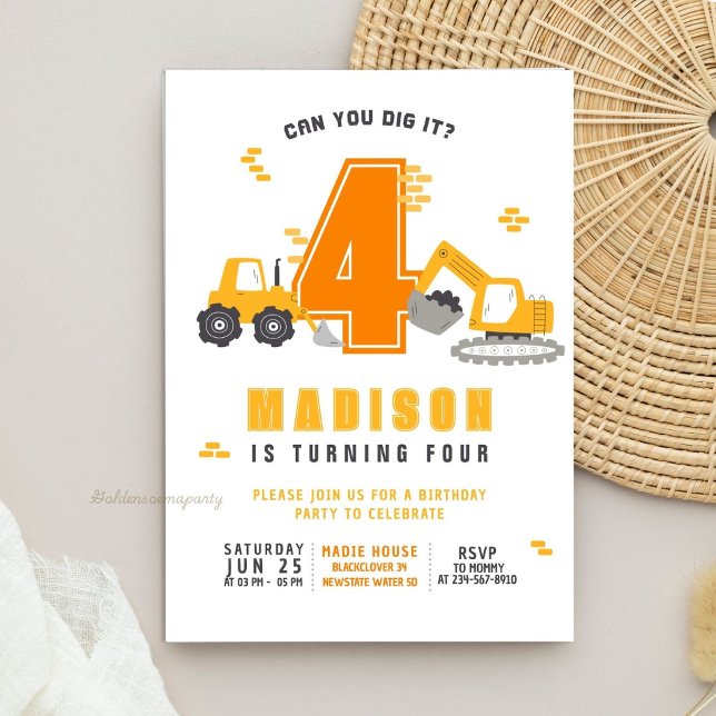 Invitación Cumpleaños Diggin 'It | Cumpleaños con tema de con (Diggin' It Birthday  Construction Theme Birthday Invitation
)