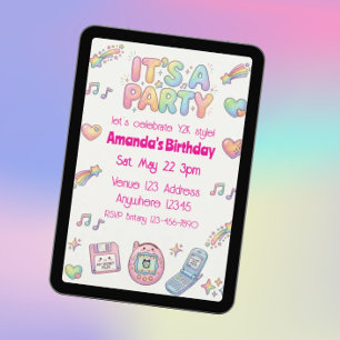 Invitación Cumpleaños Digi-Cute estilo Y2K color arcoíris
