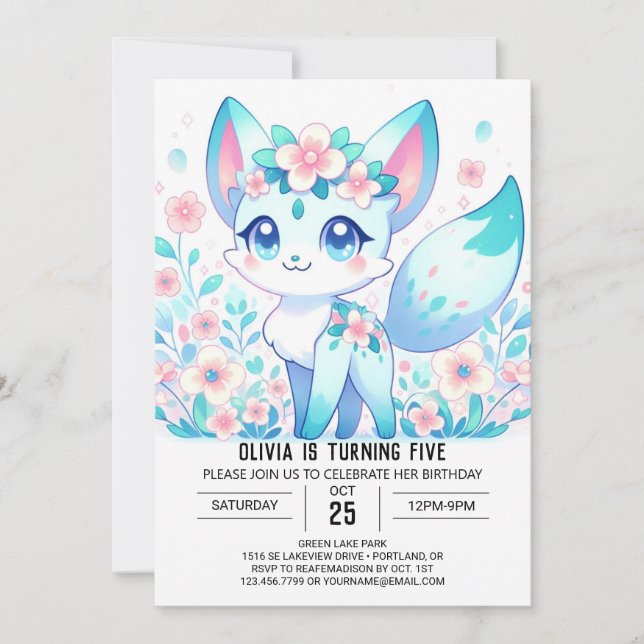Invitación Cumpleaños digital de Cute Fox Editable (Anverso)