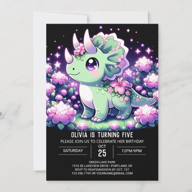 Invitación Cumpleaños Digital de Dino Dinosaurio Floral (Anverso)