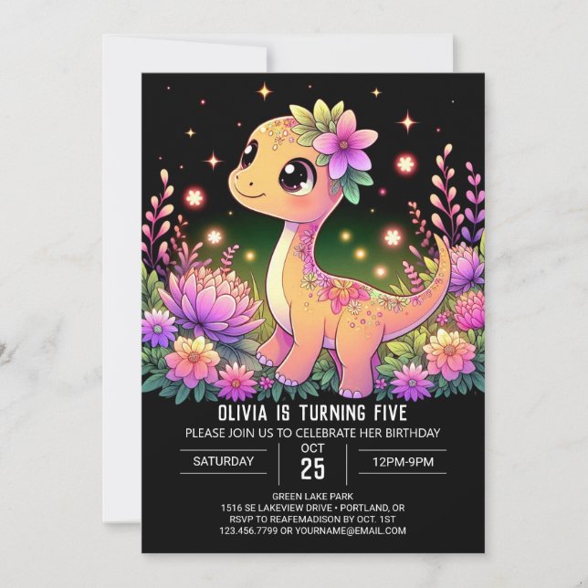 Invitación Cumpleaños Digital de Dinosaurio Chica Editable (Anverso)