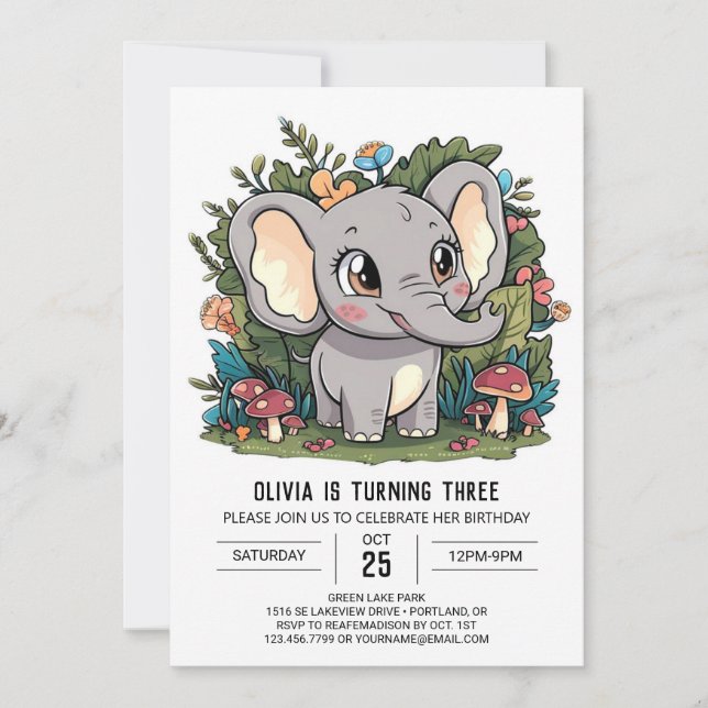 Invitación Cumpleaños digital de elefantes místicos pequeños (Anverso)