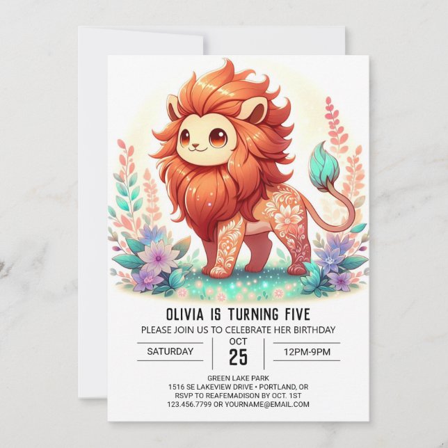 Invitación Cumpleaños Digital de Leones Encantados (Anverso)