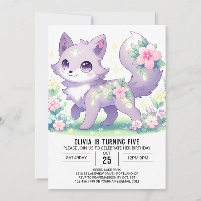 Invitación Cumpleaños digital de lobo de fantasía editable (Anverso)