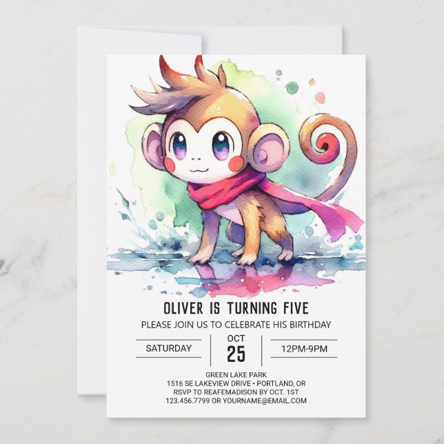 Invitación Cumpleaños digital de monos bohemios (Anverso)