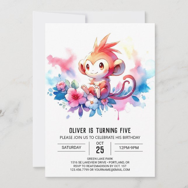 Invitación Cumpleaños digital de monos bohemios (Anverso)