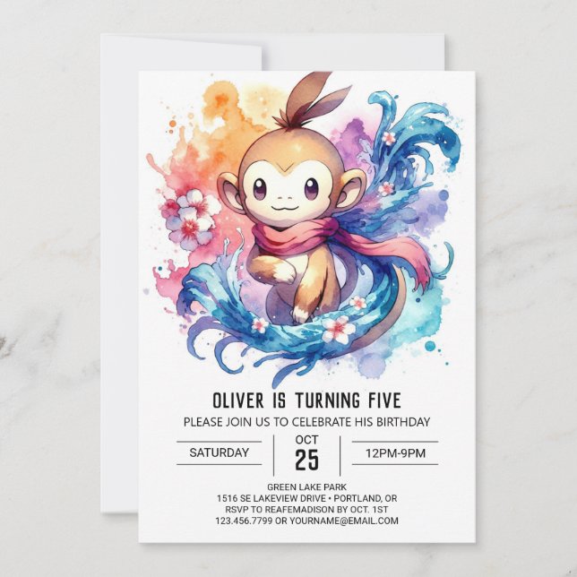 Invitación Cumpleaños Digital de Monos de Acuarela (Anverso)