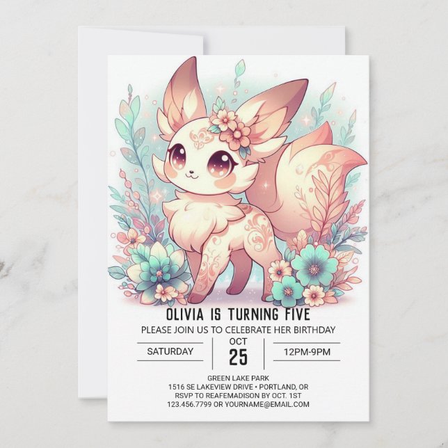 Invitación Cumpleaños digital de personalizado Cute Fox (Anverso)