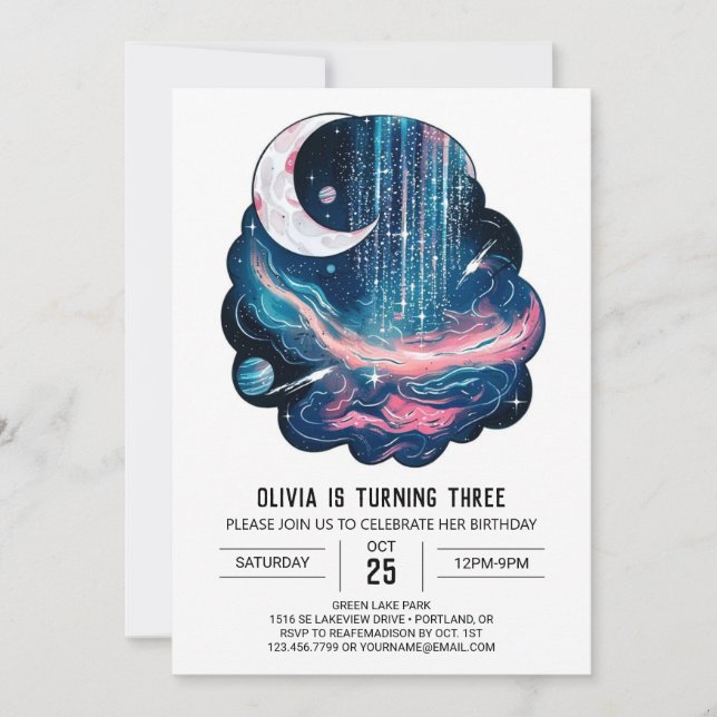 Invitación Cumpleaños Digital de Space Moon Stars (Anverso)