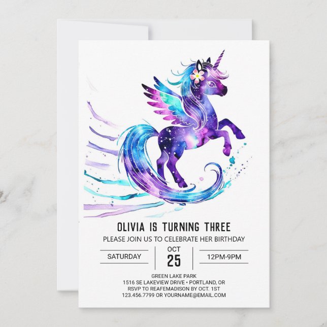 Invitación Cumpleaños digital de Unicornio majestuoso persona (Anverso)
