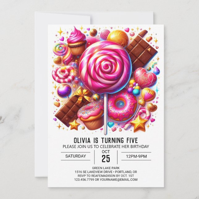 Invitación Cumpleaños Digital Editable Majestic Candyland (Anverso)