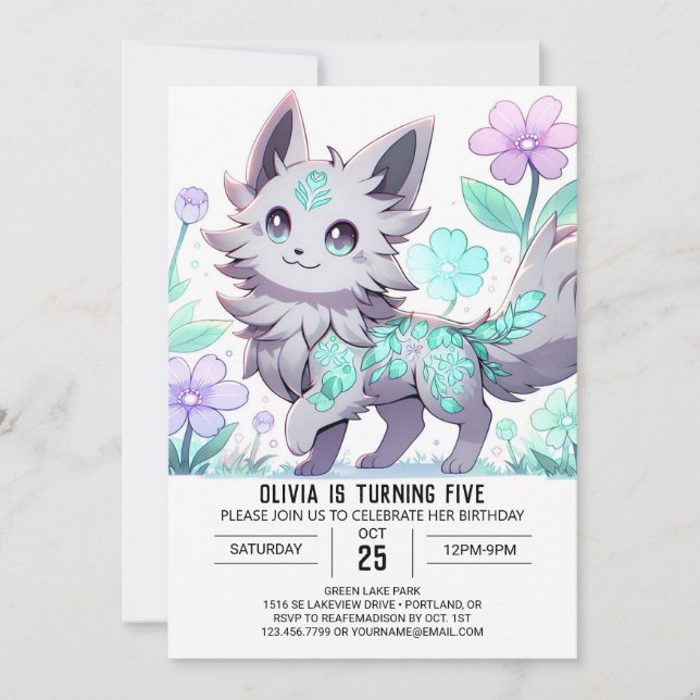 Invitación Cumpleaños digital Floral Wolf (Anverso)